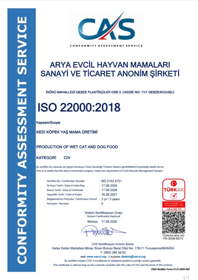 Arya Petfood ISO 22000:2018 sertifikası