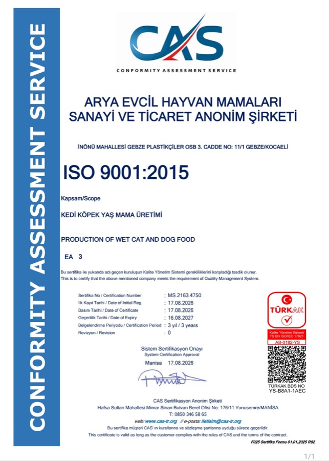 Arya Petfood ISO 9001:2015 sertifikası