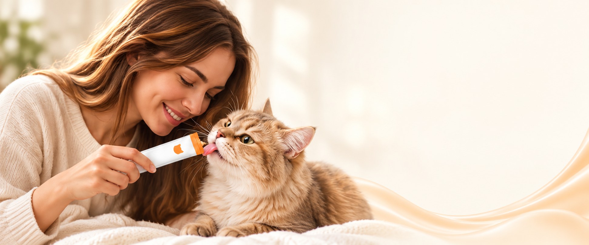 Kedisine Arya Petfood krema ödül veren kadın